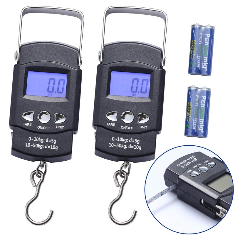 KABUDA 2 Pack Fish Scales, Portable Luggage Weight Scale with Backlit LCD Display 110lb / 50kg Electronic Balance Fishing Postal Hanging Hook Scale with 3.28 ft Measuring Tapes & 4 AAA Batteries (Black) - Image 1